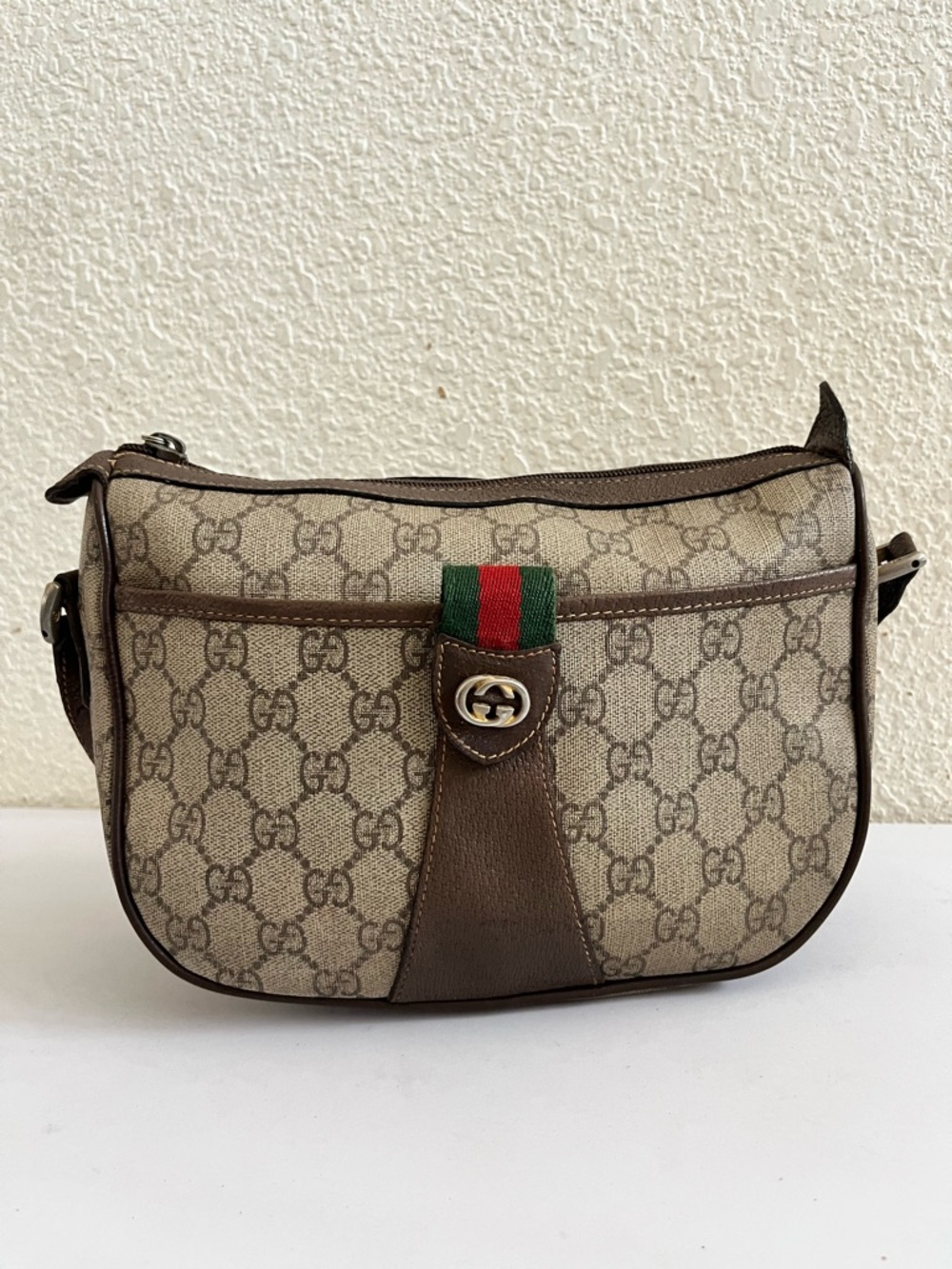 Gucci Beige/Brown GG Canvas Crossbody with Green-Red Web
